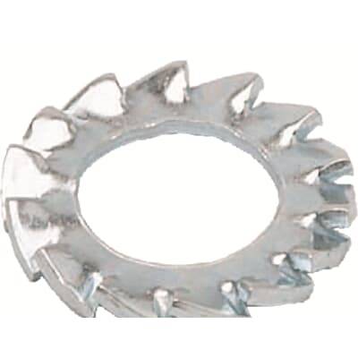 Metallring mit gezacktem Außenrand, genutzt als Sicherungselement in mechanischen Verbindungen. Silberne Farbe, stahlähnliches Material.