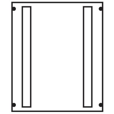 Schwarze quadratische Folie mit zwei vertikalen Schlitzen auf jeder Seite, vor schwarzem Hintergrund.