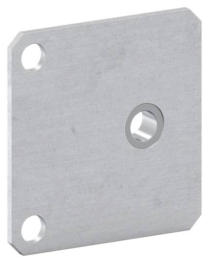 Metallplatte mit drei Löchern: zwei in den Ecken oben links und unten rechts, eines in der Mitte für Montagezwecke.