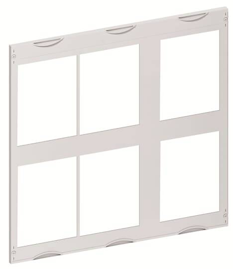 Ein rechteckiger Fensterrahmen mit sechs leeren, gleichmäßig verteilten Feldern, in einer neutralen Farbe.