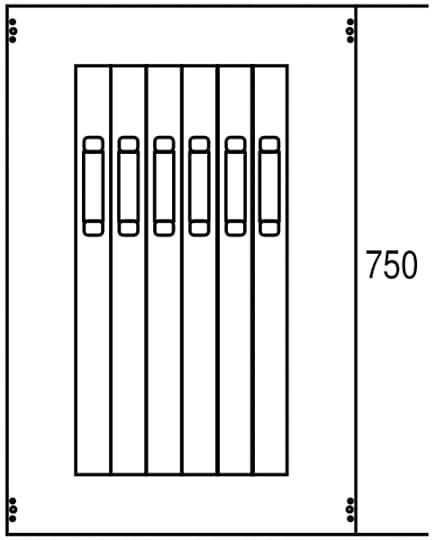 Technische Zeichnung eines Objekts in rechteckiger Form mit mehreren parallelen Linien und Griffen; Breite: 750 mm.