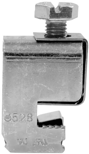 Metallische Klemme mit Schraube oben, verwendet zur Befestigung von Kabeln oder Drähten. Robust und für industrielle Anwendungen geeignet.