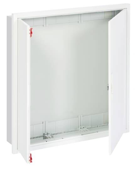 Weißer Leerverteilerkasten mit geöffneter Tür, geeignet zur Unterbringung von elektrischen Komponenten in einem Gebäude.