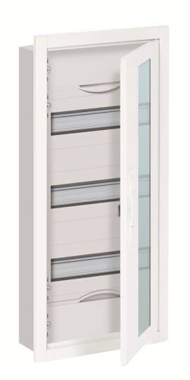 Ein offener Verteilerkasten mit mehreren horizontalen Fächern und einer Glastür, die zur Seite geöffnet ist.