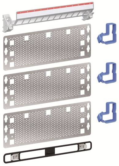 Metallene Montageschienen mit Perforationen, drei blaue Halterungen und eine schwarze Halteleiste. Werkzeuge für Elektroinstallationen.