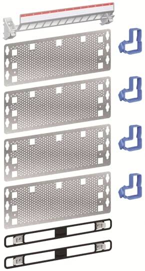 Ein modulares Montagesystem mit mehreren perforierten Metallplatten, blauen Kunststoffhalterungen und schwarzen Befestigungselementen.