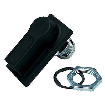 Schwarzer Knebelschalter mit einer Metallmutter und zwei Dichtungsringen, geeignet für die Montage in elektronischen Geräten.