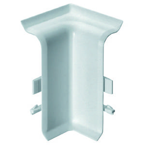 Ein weißes Kunststoff-Außenwinkelstück für Kabelkanäle, L-förmig, mit Clips zur Befestigung an Wänden.