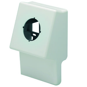 Ein weißes, quadratisches Kunststoffgehäuse mit rundem Loch in der Mitte, wahrscheinlich für einen elektrischen Schalter oder eine Steckdose.