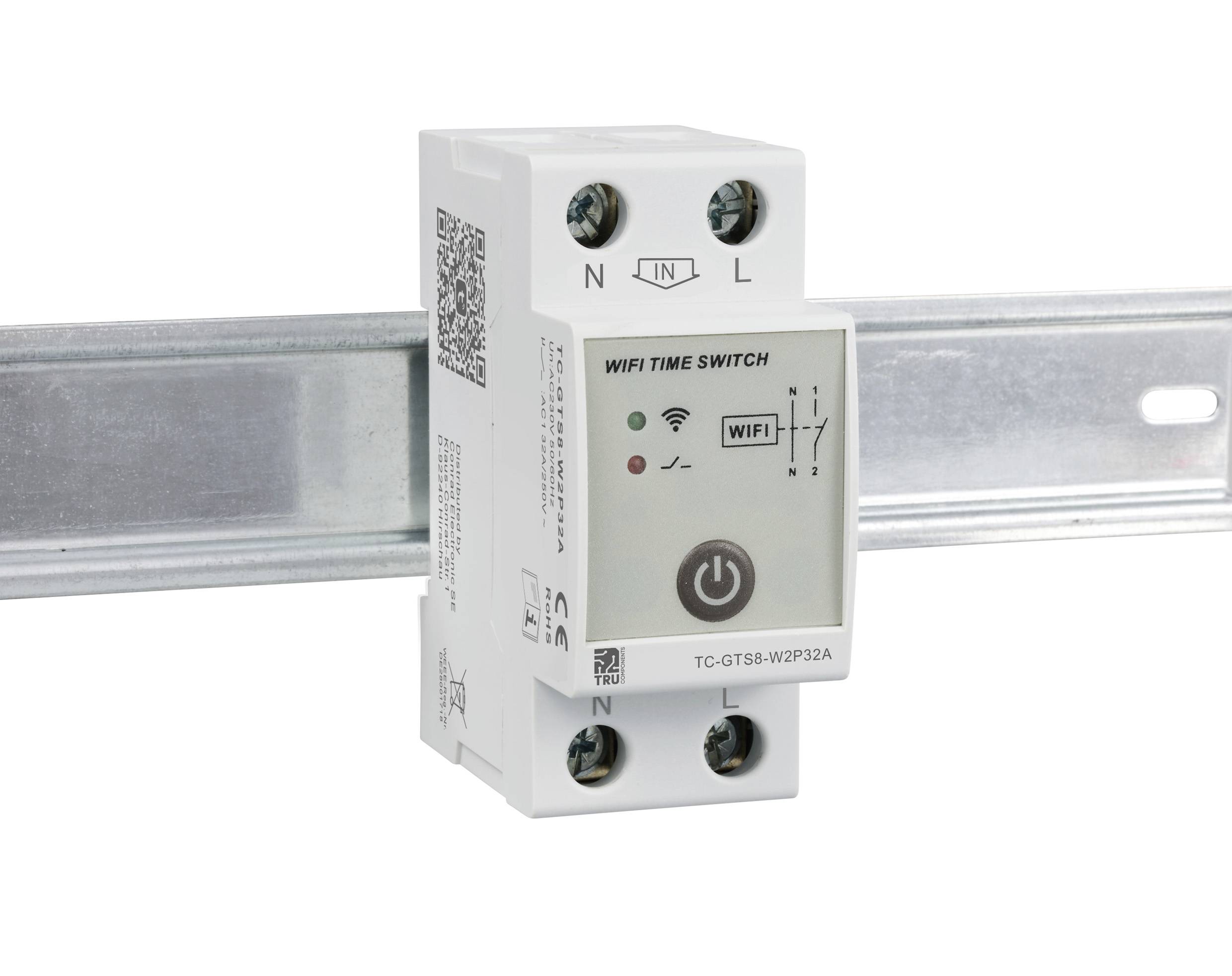 Ein WiFi-Zeitschalter auf einer DIN-Schiene montiert, zeigt LED-Anzeigen für WiFi und Zeitsteuerung. Geeignet für den Einsatz in elektrischen Schaltschränken.