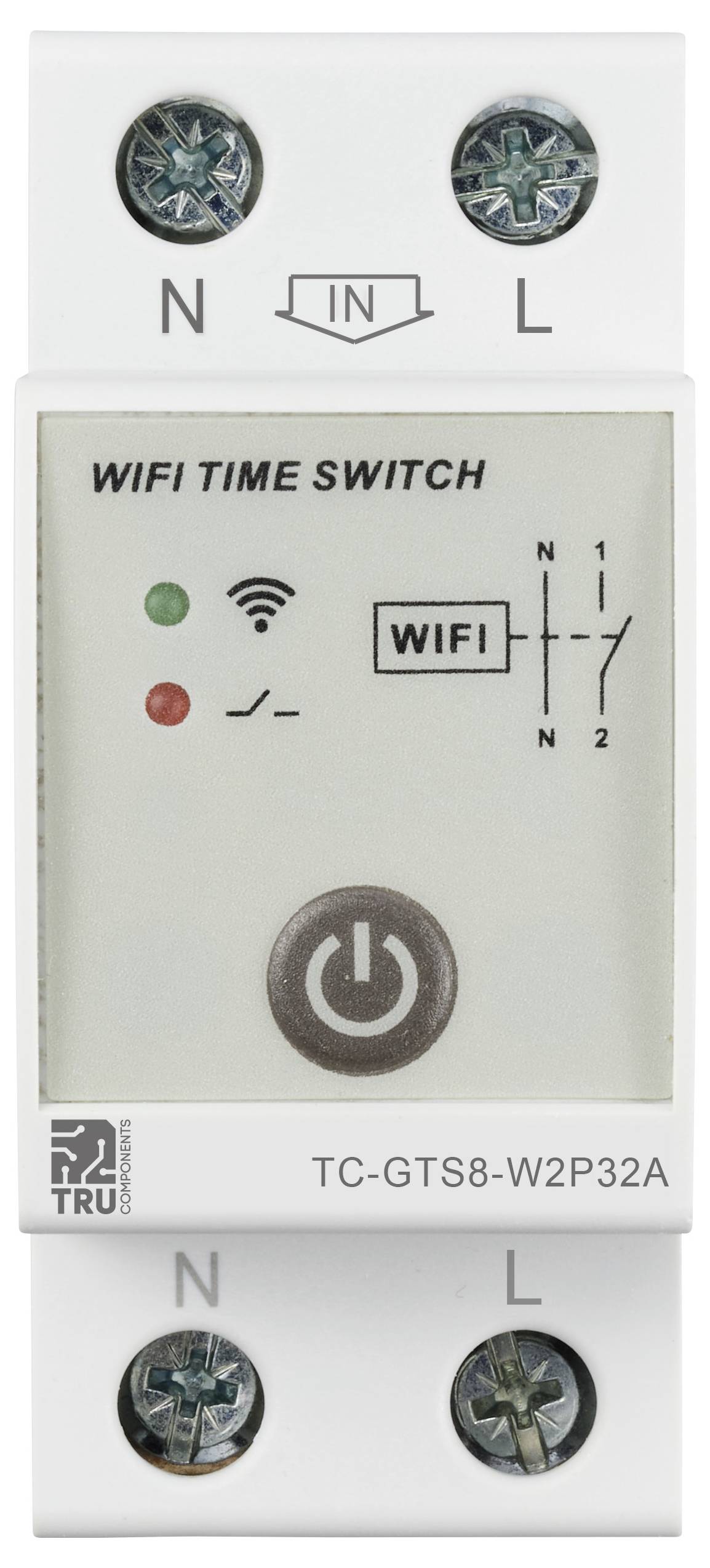 WiFi-Zeitschaltuhr, weiße rechteckige Einheit mit Ein-/Ausschaltknopf, WiFi-Anzeige und Statusleuchten. Oben 