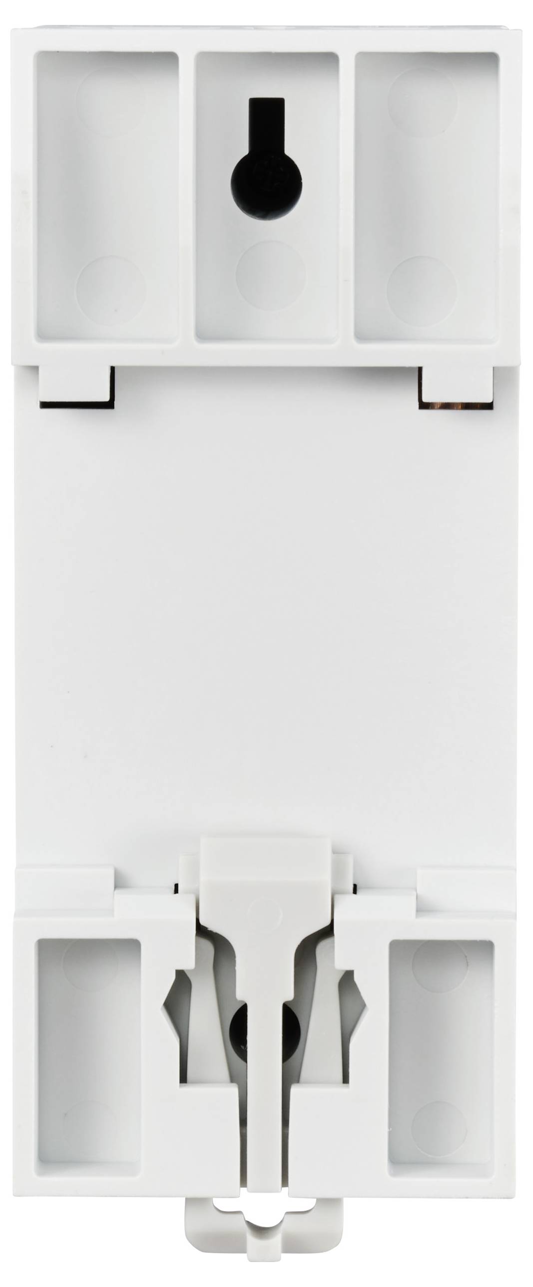 Eine weiße Kunststoffhalterung mit Steckplätzen zur Wandbefestigung und einem zentralen Haken für das Fixieren eines Geräts.