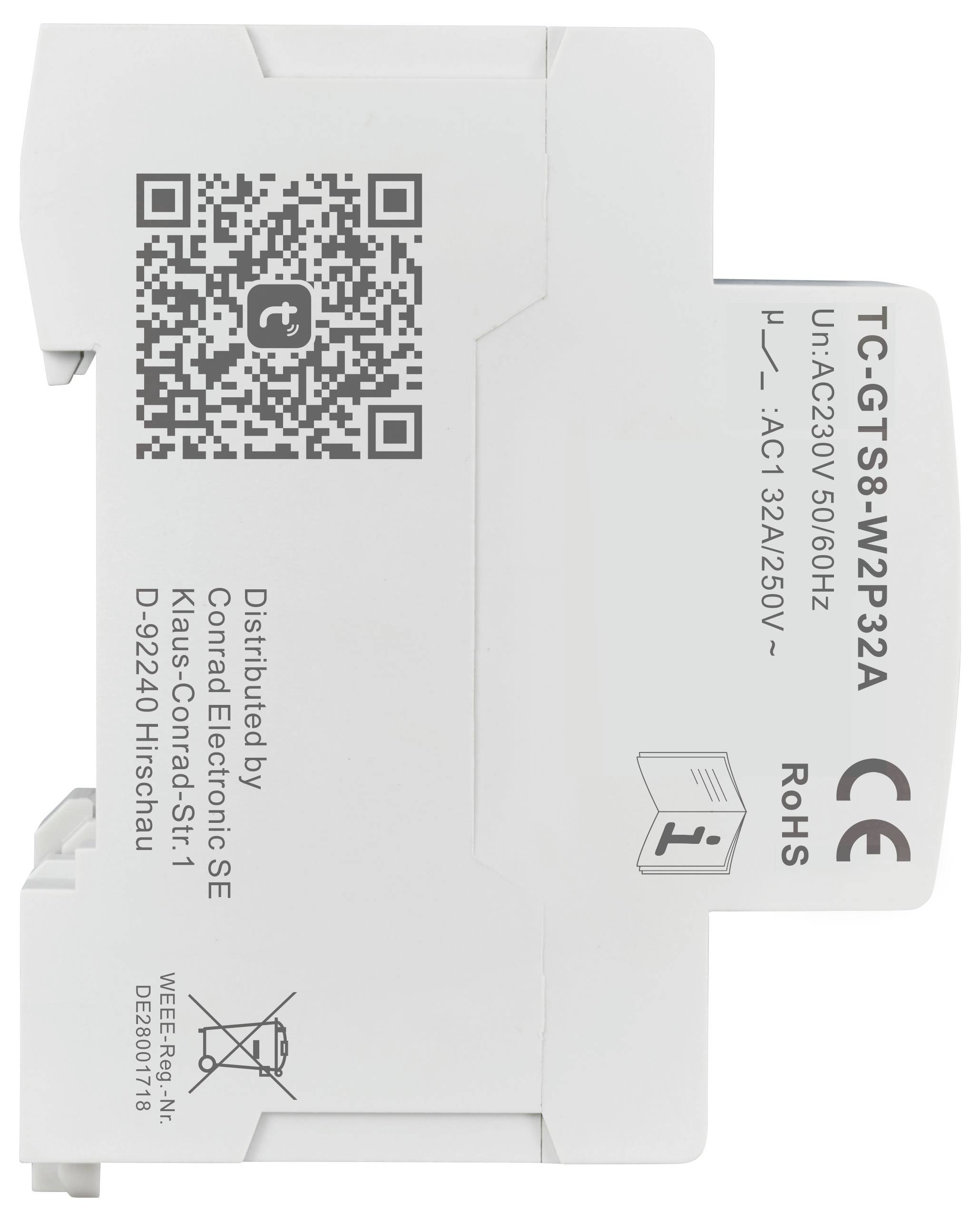 Ein weißes elektrisches Gerät mit QR-Code und technischen Spezifikationen: Modell TC-GTS8-WP32A, geeignet für 230V/50Hz, 32A/250V.