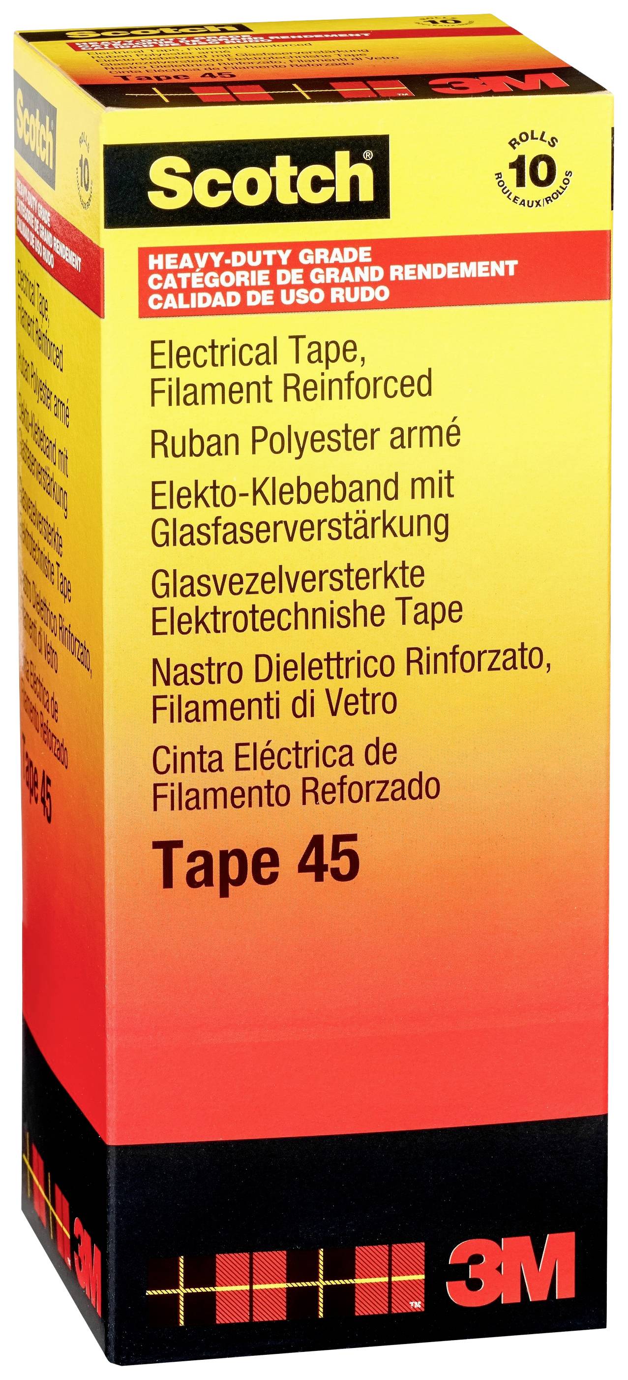 'Scotch Tape 45' im gelben Karton, für Elektrotechnik-Anwendungen. Glasfaserverstärkt, schwer belastbar, 10 Rollen.