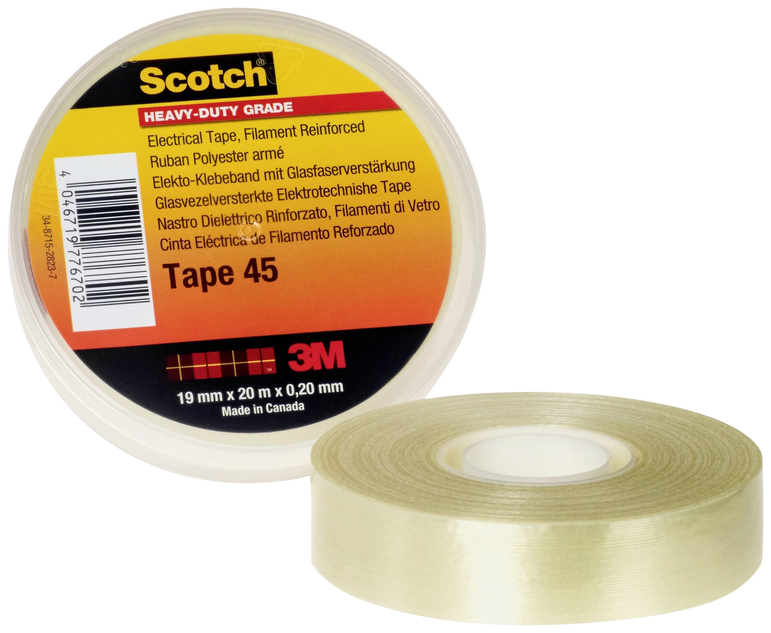 Zwei Rollen Scotch Elektrikerklebeband, eine vorne und eine seitlich, mit der Aufschrift 'Tape 45' und 'Heavy-Duty Grade'.