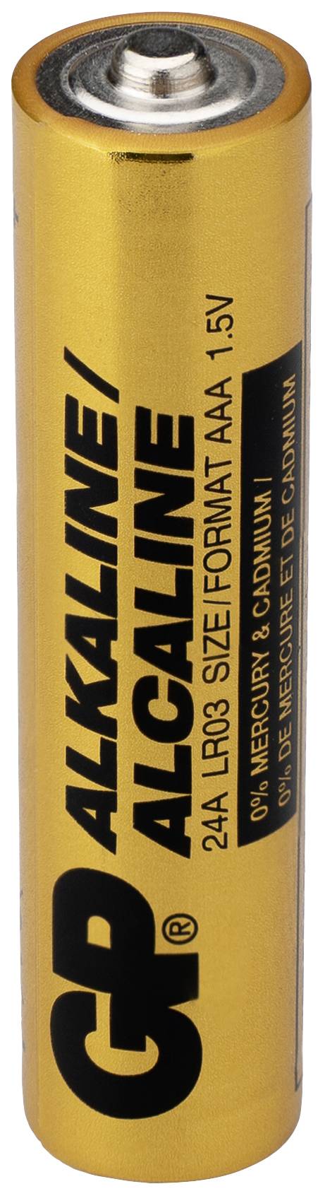 Gelbe AAA-Batterie mit Aufschrift 'GP Alkaline', Spannung 1,5V, runde Form.