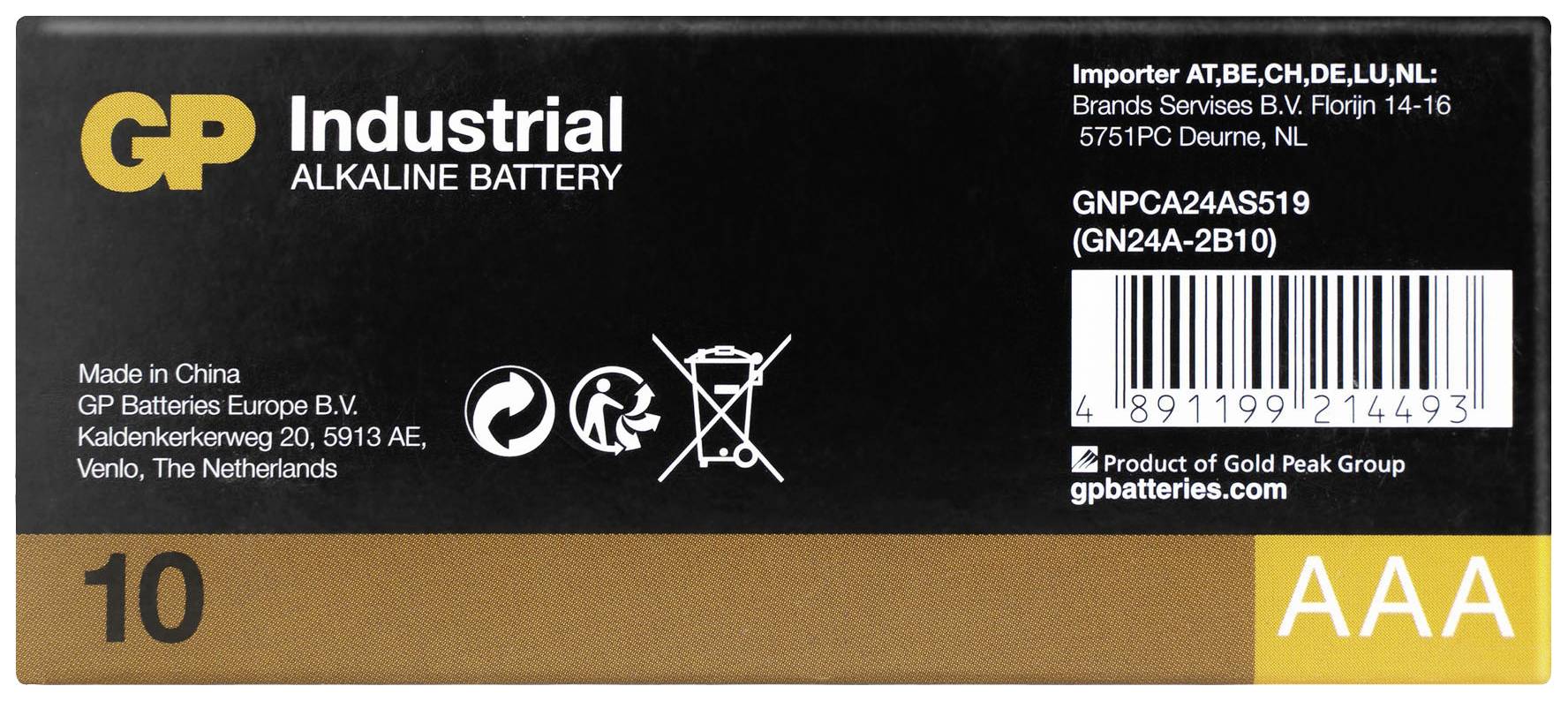 Verpackung einer GP Industrial Alkaline AAA-Batterie. Enthält Produktinformationen, Herstellungsort, Importeurdetails und Barcode.
