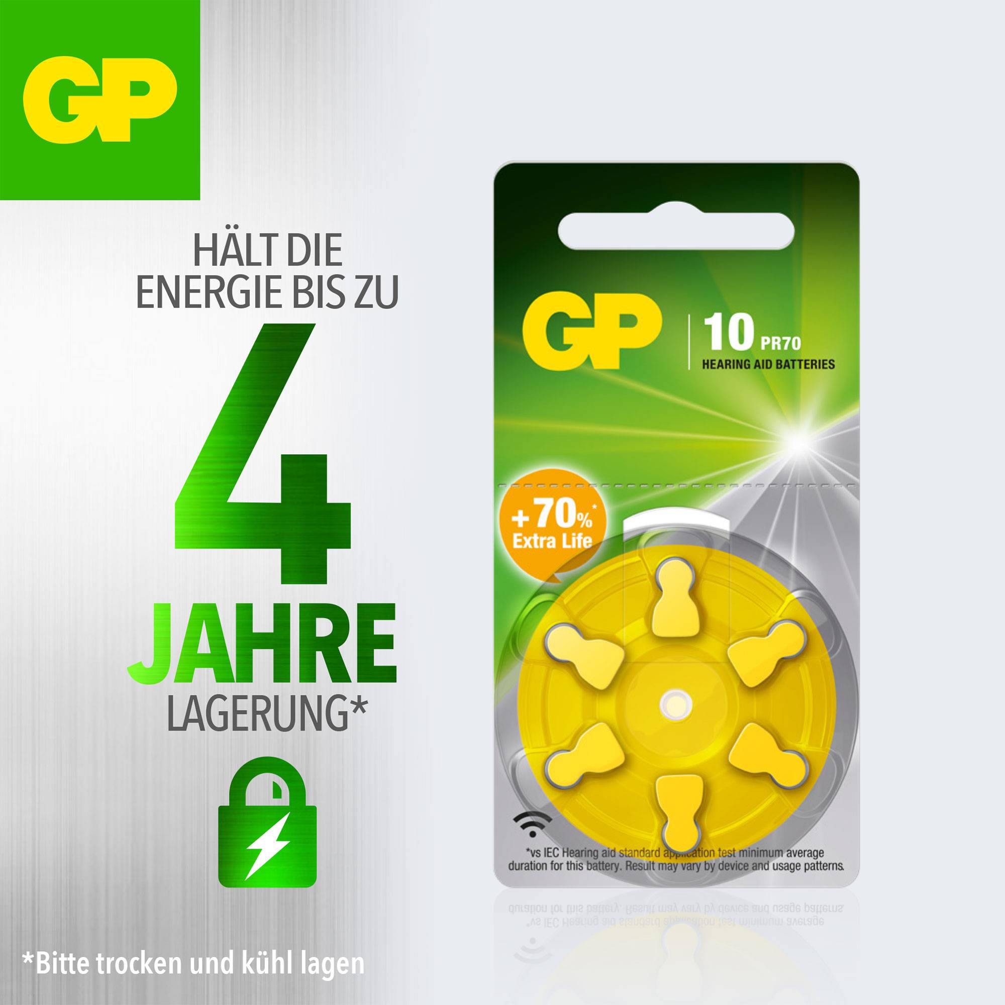 'GP 10 PR70 Hearing Aid Batteries' auf der Verpackung. Beschriftung 'Hält die Energie bis zu 4 Jahre lang'. Batteriesymbol und Batteriepackung abgebildet.