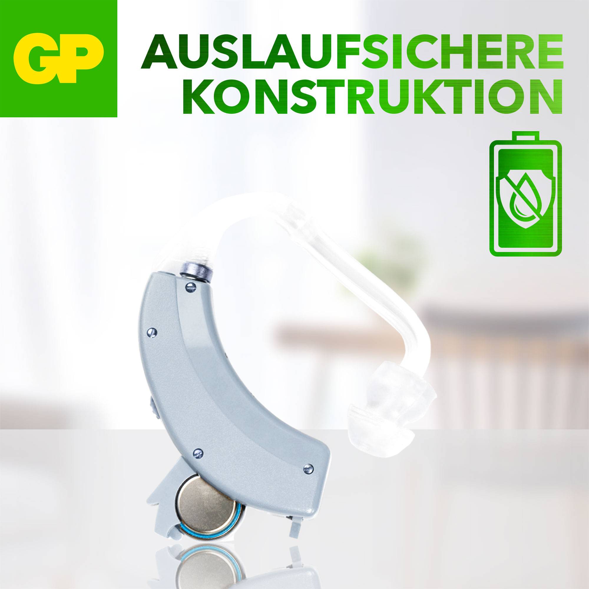 'Auslaufsichere Konstruktion' zeigt eine Batterie mit einem Symbol für Lecksicherheit, um die Sicherheitsmerkmale zu betonen.