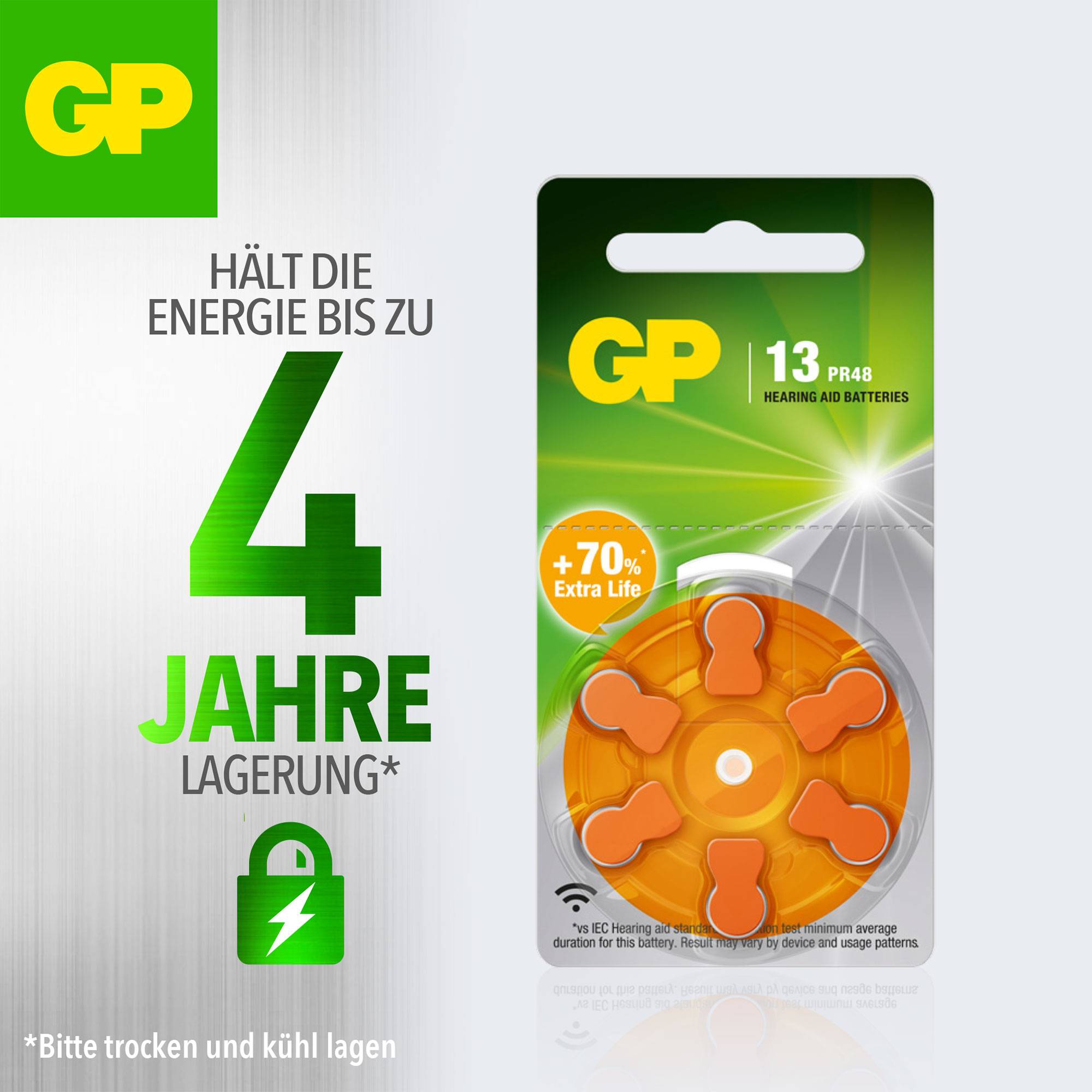 Produktverpackung von GP Batterien, Typ 13, für Hörgeräte. Verspricht bis zu 4 Jahre Haltbarkeit und 70% mehr Energie.