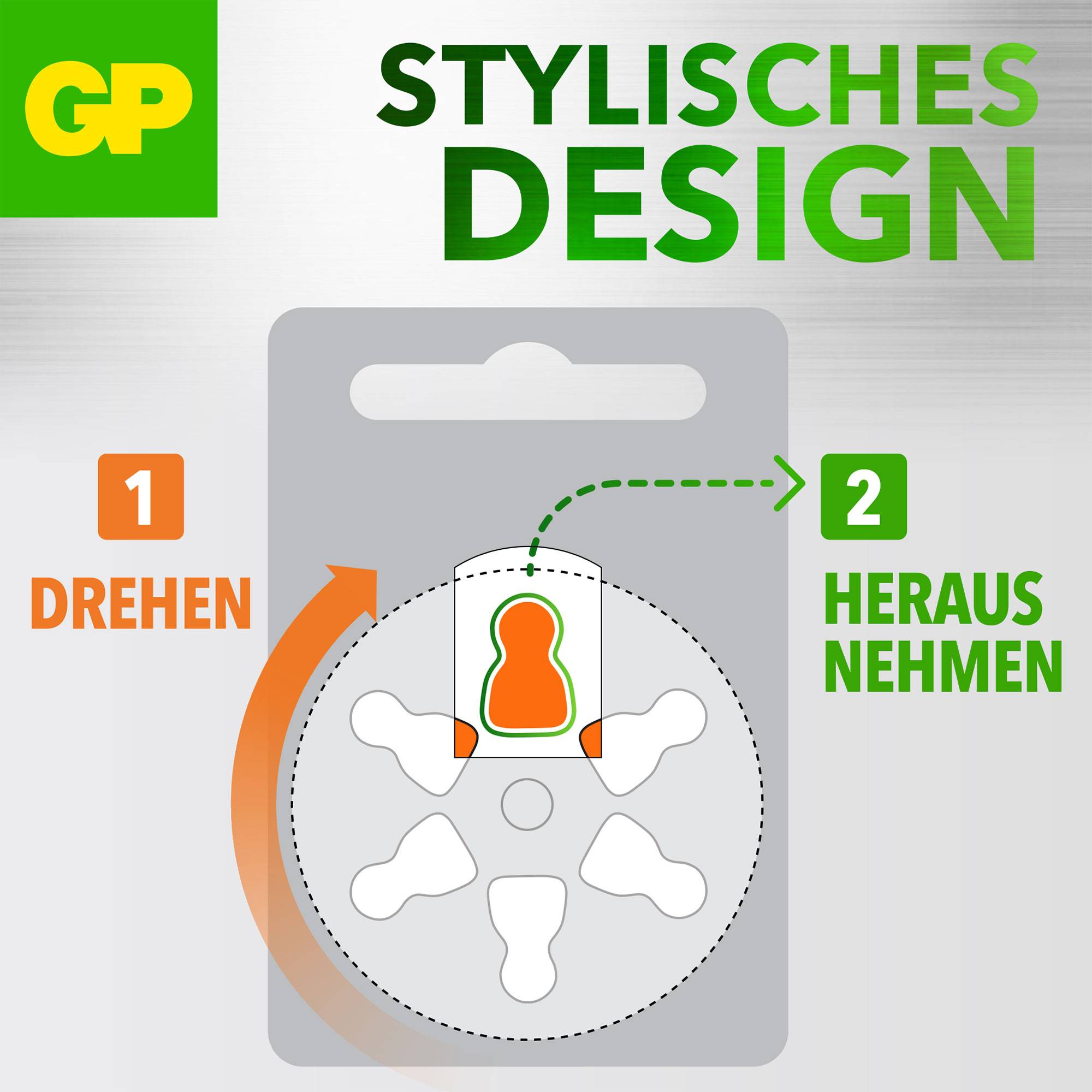 'Stylisches Design': Ein Diagramm zeigt, wie man eine Batteriehalterung dreht, um eine Batterie aus einem Gerät zu entfernen.