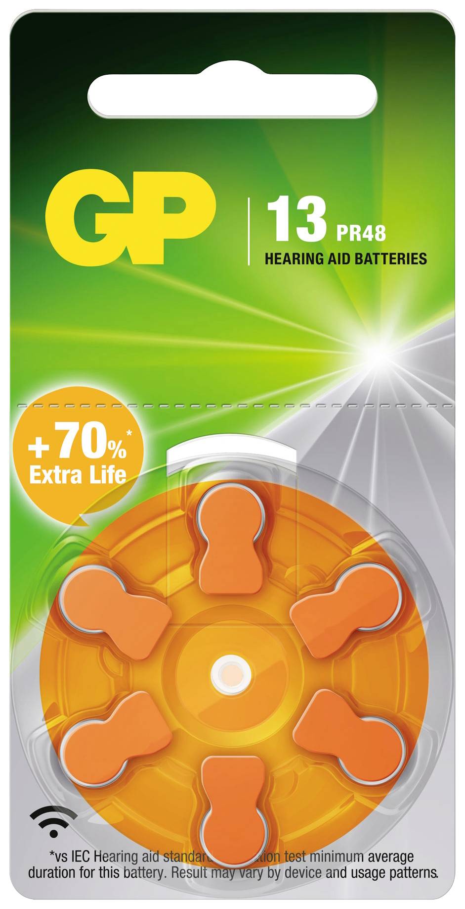 'GP 13 PR48 Hörgerätebatterien' Verpackung mit 6 orange Batterien. Text: '+70% Extra Life'. grünes und oranges Design.