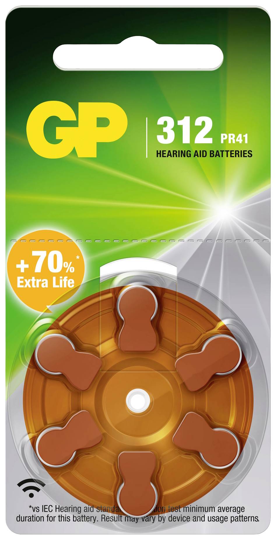 Packung Hörgerätebatterien, Marke GP, Typ 312. Verspricht 70% längere Lebensdauer. Enthält 6 Batterien.