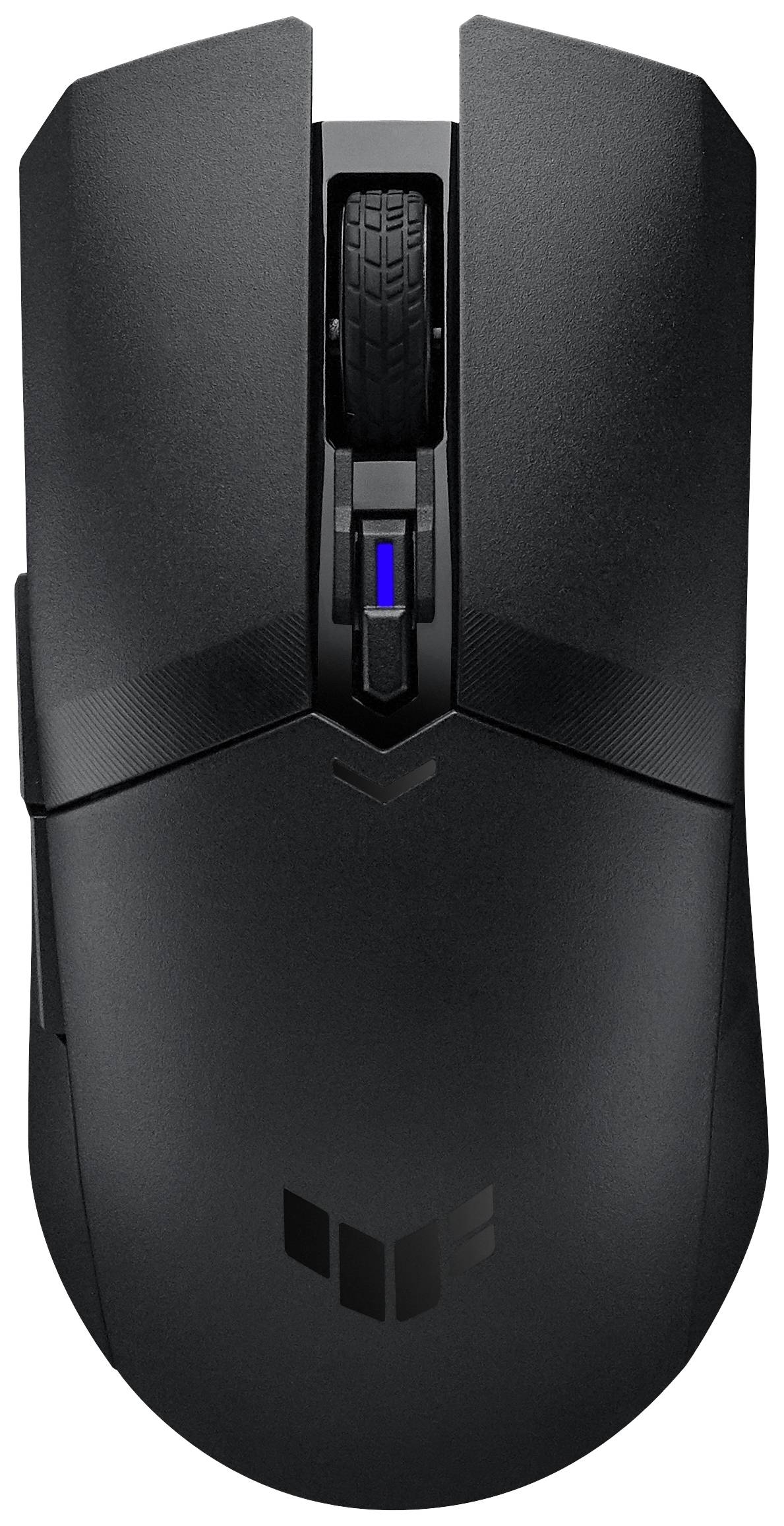 Schwarze, kabellose Computermaus mit blauer Beleuchtung am Scrollrad, modernem Design und Symbol auf der unteren Oberfläche.