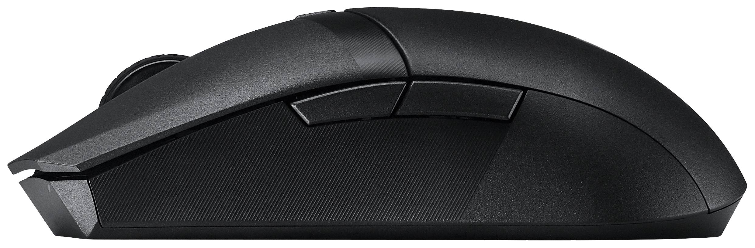 Kabellose schwarze Computermaus mit zwei Seitentasten und einem Scrollrad. Sie hat ein ergonomisches Design für besseren Halt.