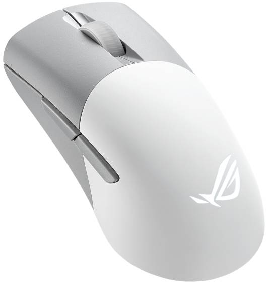 Weiße und graue kabellose Gaming-Maus mit beleuchtetem Logo auf der Oberfläche. Ergonomisches Design mit Scrollrad und zwei Tasten.