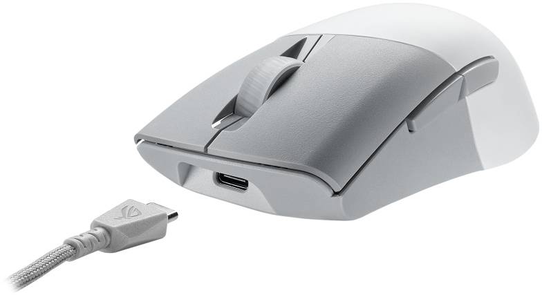 Eine kabellose graue Computermaus mit abnehmbarem USB-C-Kabel, geeignet für Spiele und produktives Arbeiten.