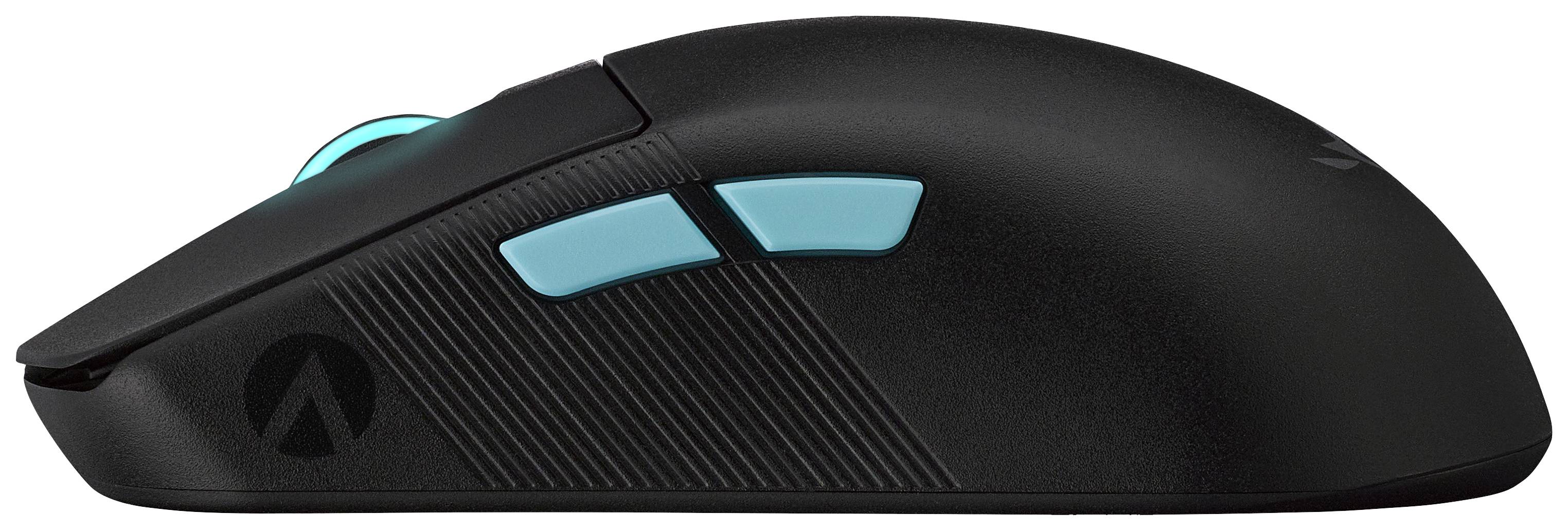 Eine schwarze, ergonomische Gaming-Maus mit zwei blauen Seitentasten und einem beleuchteten Scrollrad, Ansicht von der Seite.