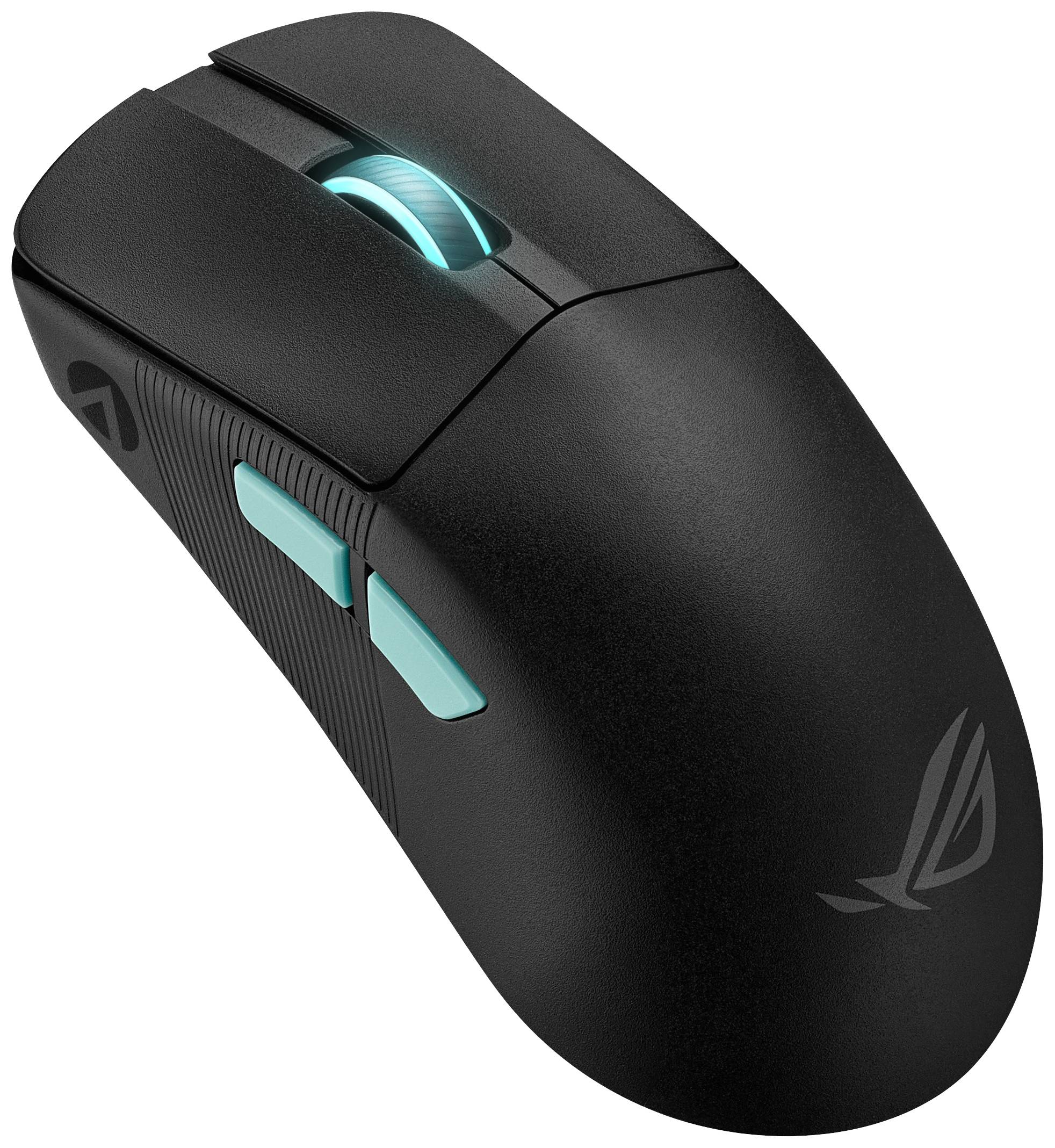 Schwarze Gaming-Maus mit leuchtendem Scrollrad und Seitentasten, geeignet für ergonomisches und präzises Spielen. ROG-Logo sichtbar.