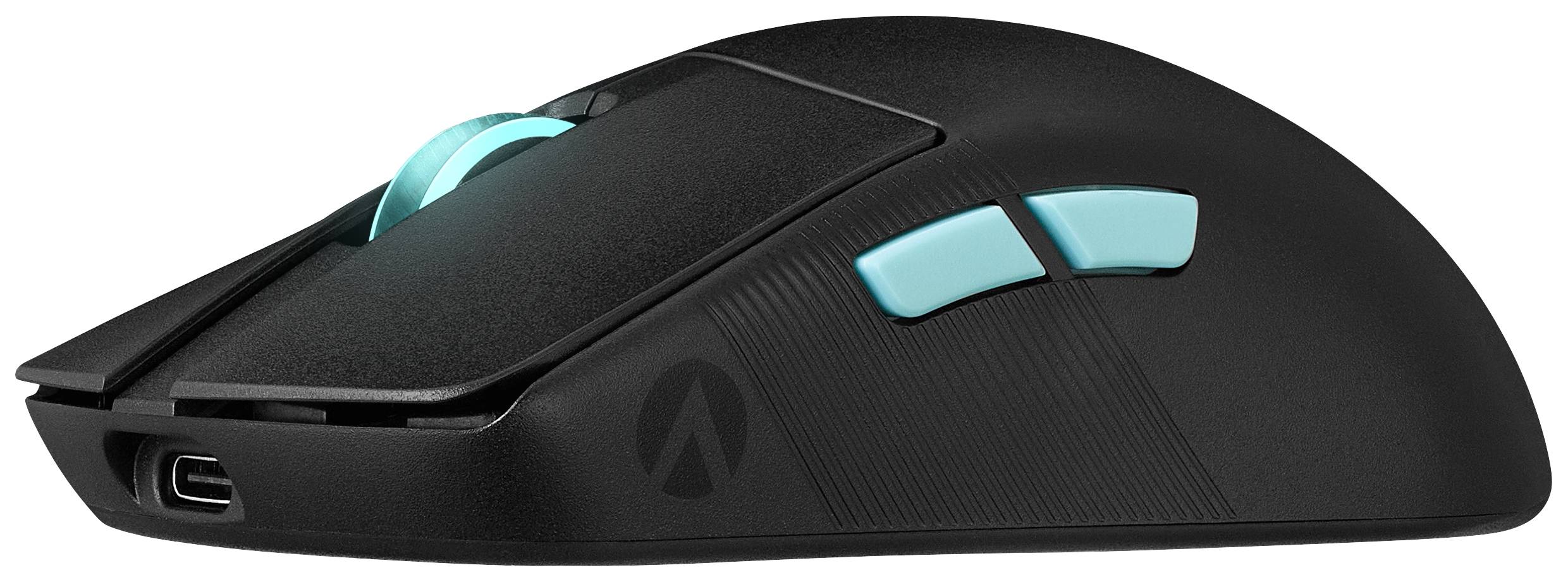 Schwarze Gaming-Maus mit türkisen Tasten und beleuchtetem Scrollrad. Ergonomisches Design, USB-C-Anschluss sichtbar.