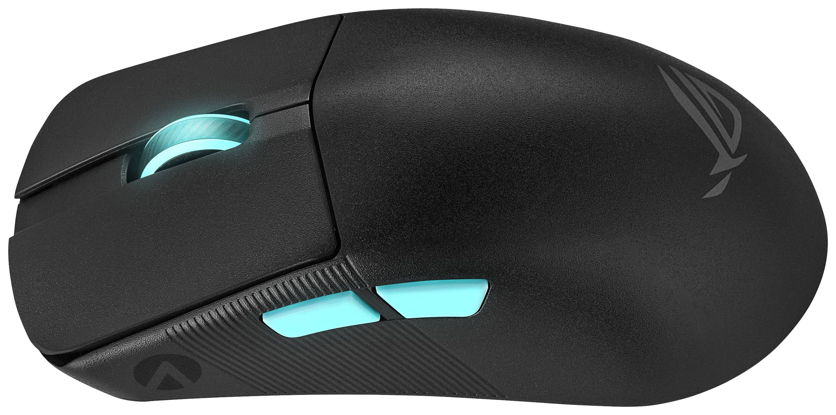 Schwarze drahtlose Gaming-Maus mit blauer LED-Beleuchtung auf der Seite. Ergonomisches Design, glatte Oberfläche, Markenlogo sichtbar.
