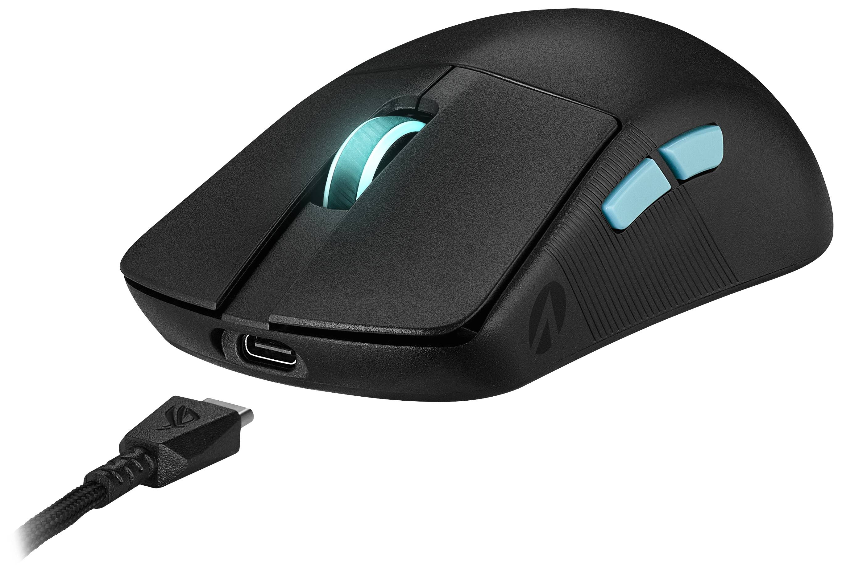 Schwarze Gaming-Maus mit zwei seitlichen blauen Tasten und beleuchtetem Scrollrad. USB-Anschluss ist abgebildet.
