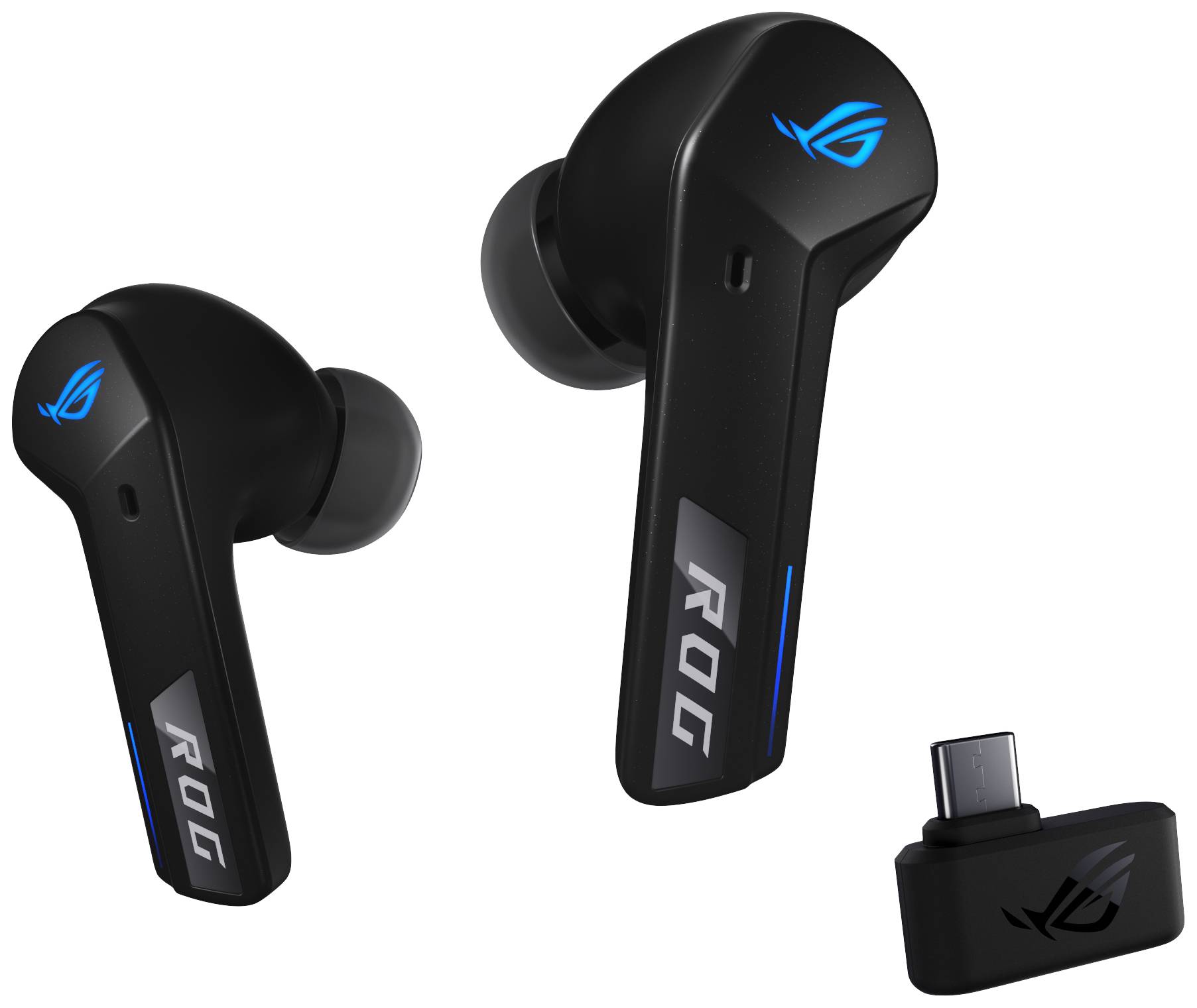 Kabellose schwarze Ohrhörer mit blauem Logo und USB-C-Dongle, von der Marke ROG. Ideal für Gaming und Musik.