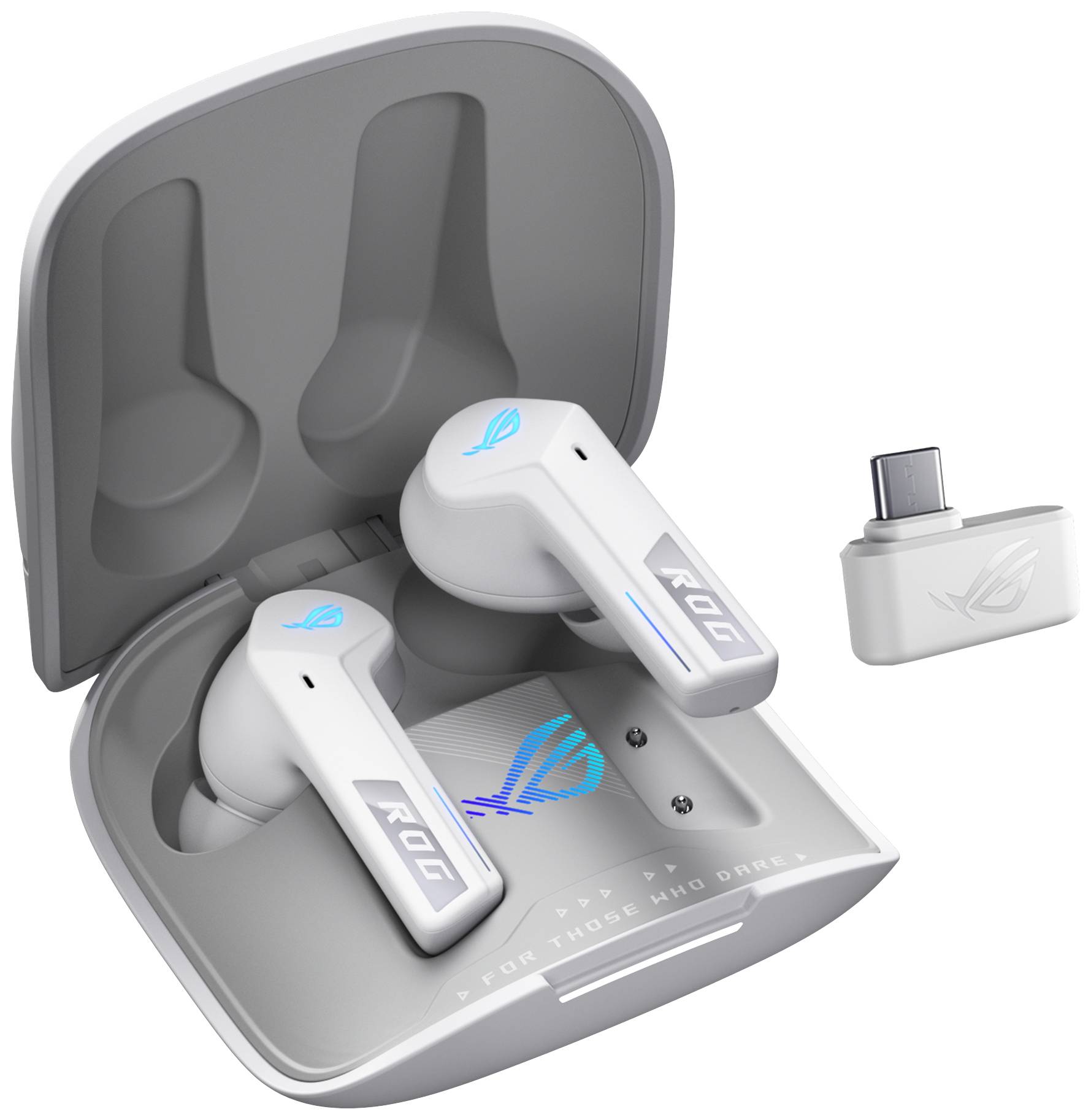 Kabellose weiße Gaming-Ohrhörer im aufklappbaren Ladeetui. Auch ein USB-C-Dongle ist abgebildet. ROG-Logo leuchtet blau.