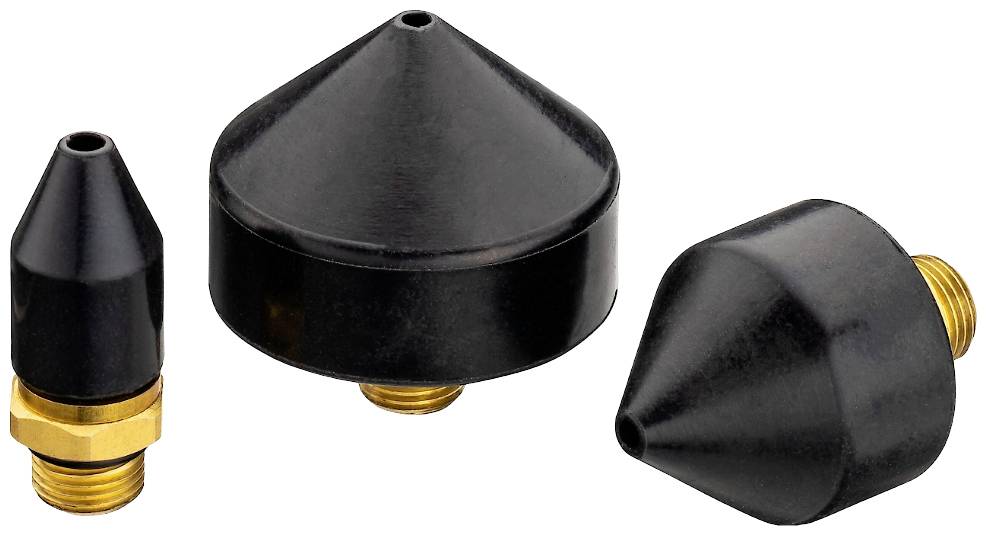 Drei schwarze, konische Spritzschutzdüsen mit Messinggewinde in verschiedenen Größen.