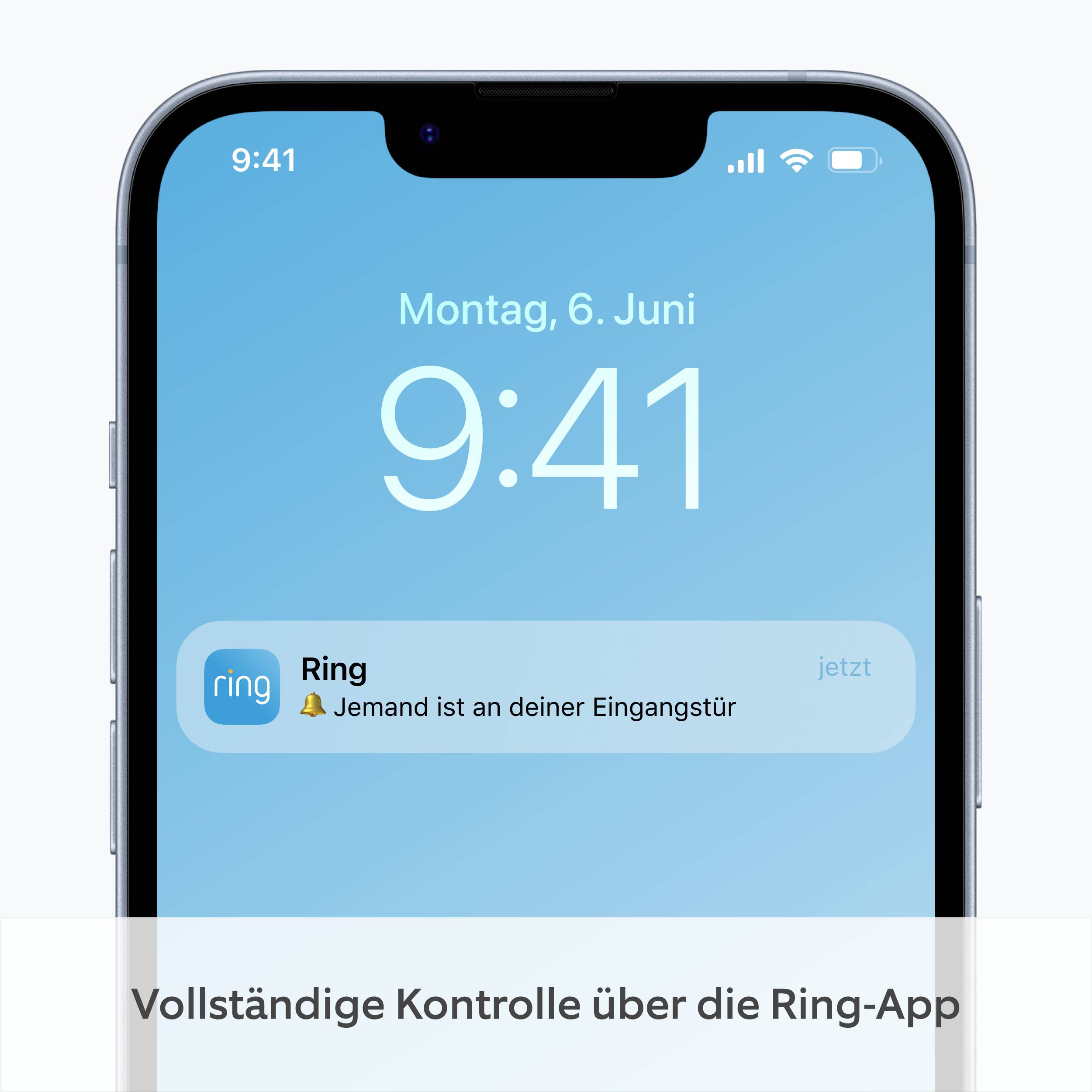 Ein Smartphone-Bildschirm zeigt eine Benachrichtigung der Ring-App: 'Jemand ist an deiner Eingangstür.' Datum: Montag, 6. Juni.