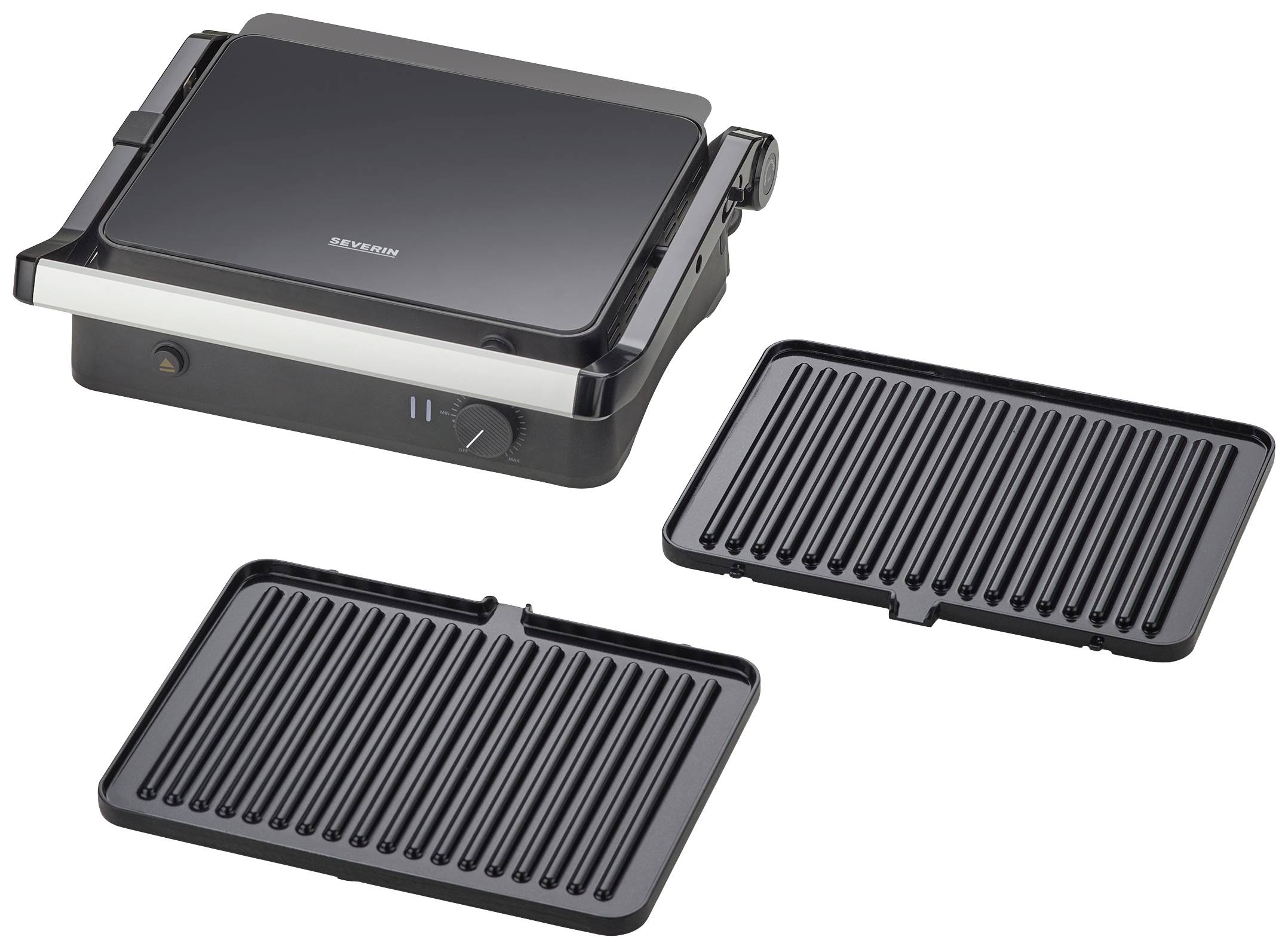 Ein Kontaktgrill mit zwei austauschbaren Grillplatten. Der Grill ist in eingeschaltetem Zustand mit einem Einstellrad.