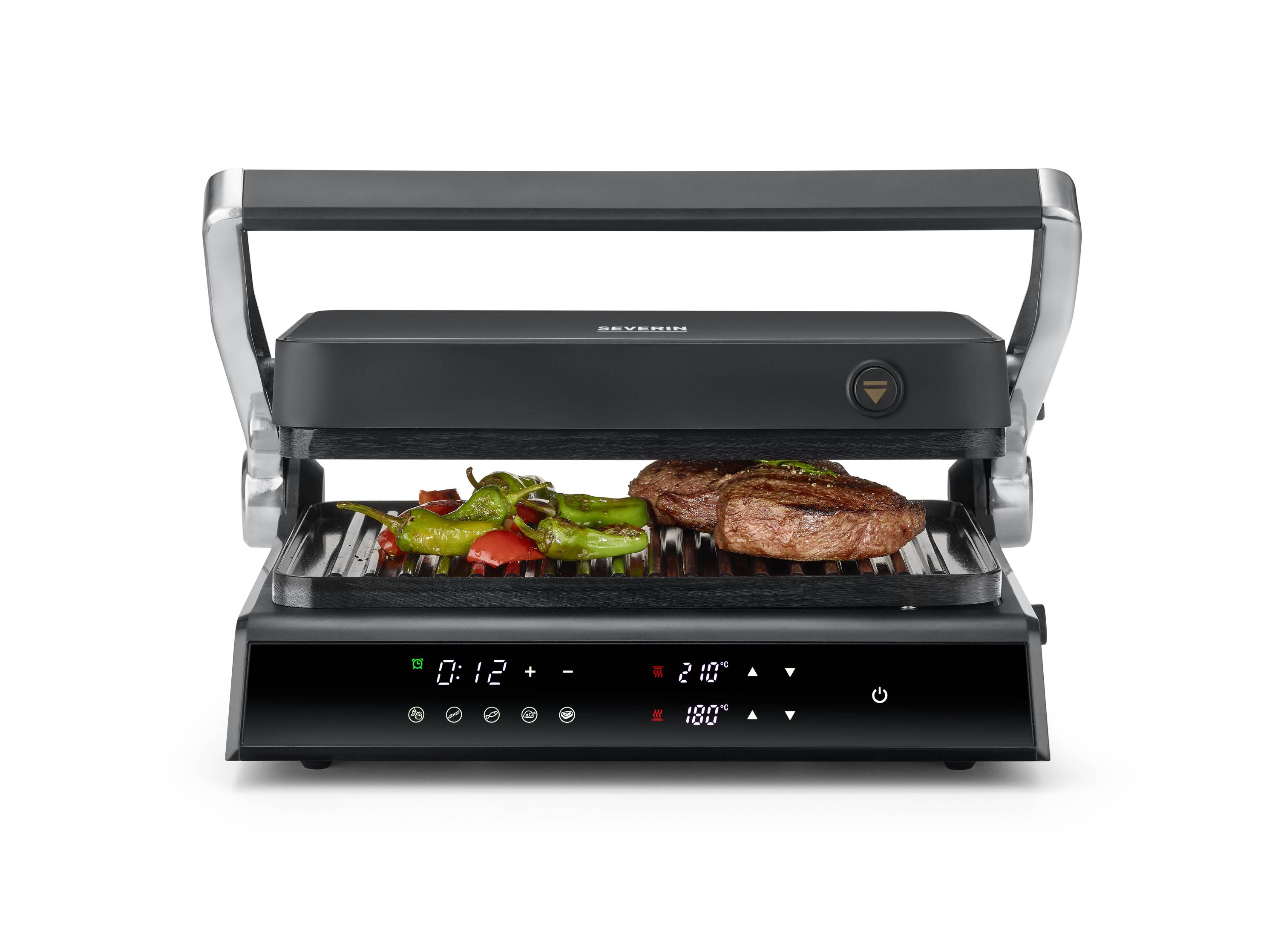 Ein Tischgrill mit zwei gegrillten Steaks und Paprikaschoten auf der Grillplatte. Ein digitales Display zeigt die Temperatur an.