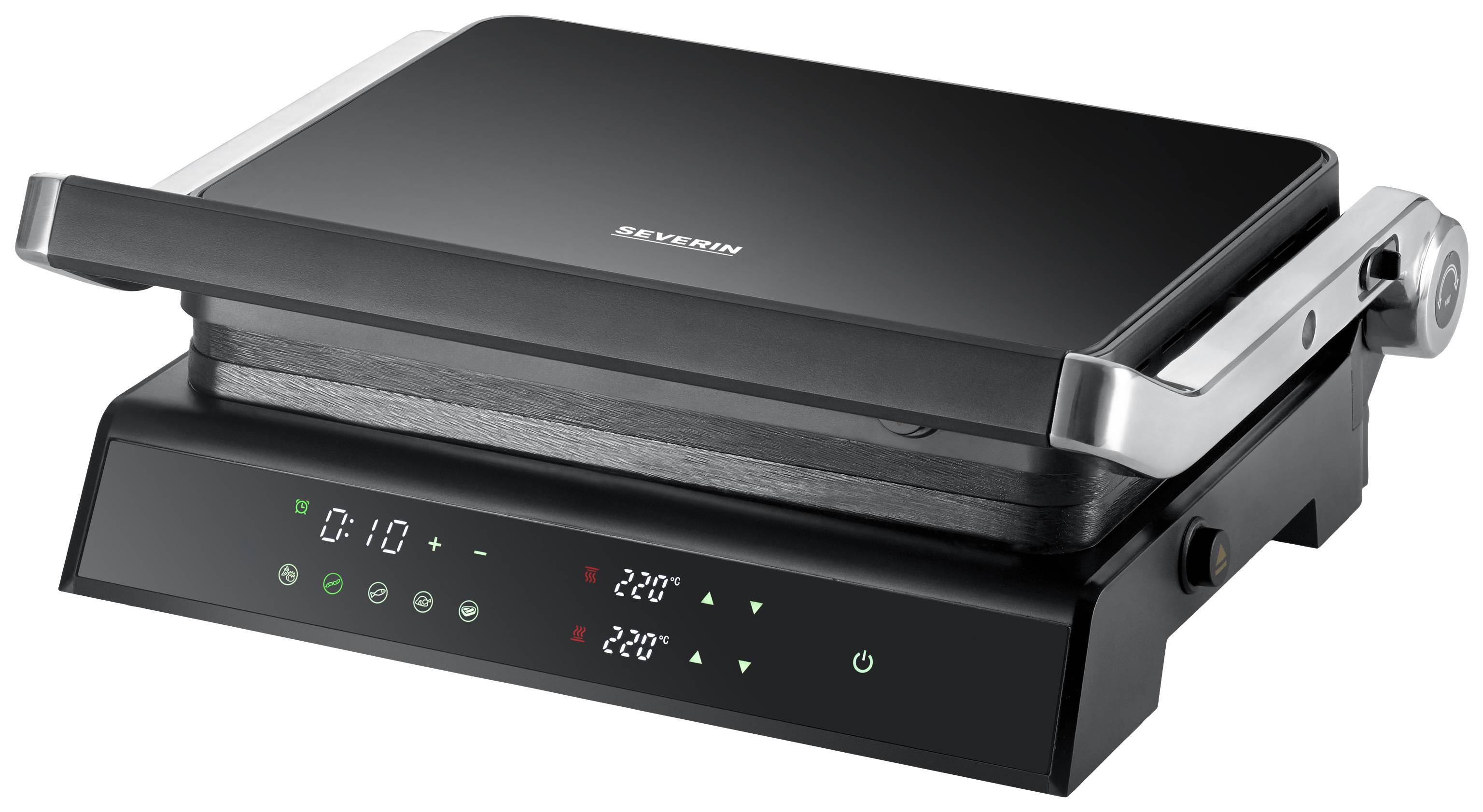 Schwarzer Elektrogrill mit digitaler Anzeige und Temperaturregler. Geeignet für Innen- und Außennutzung.