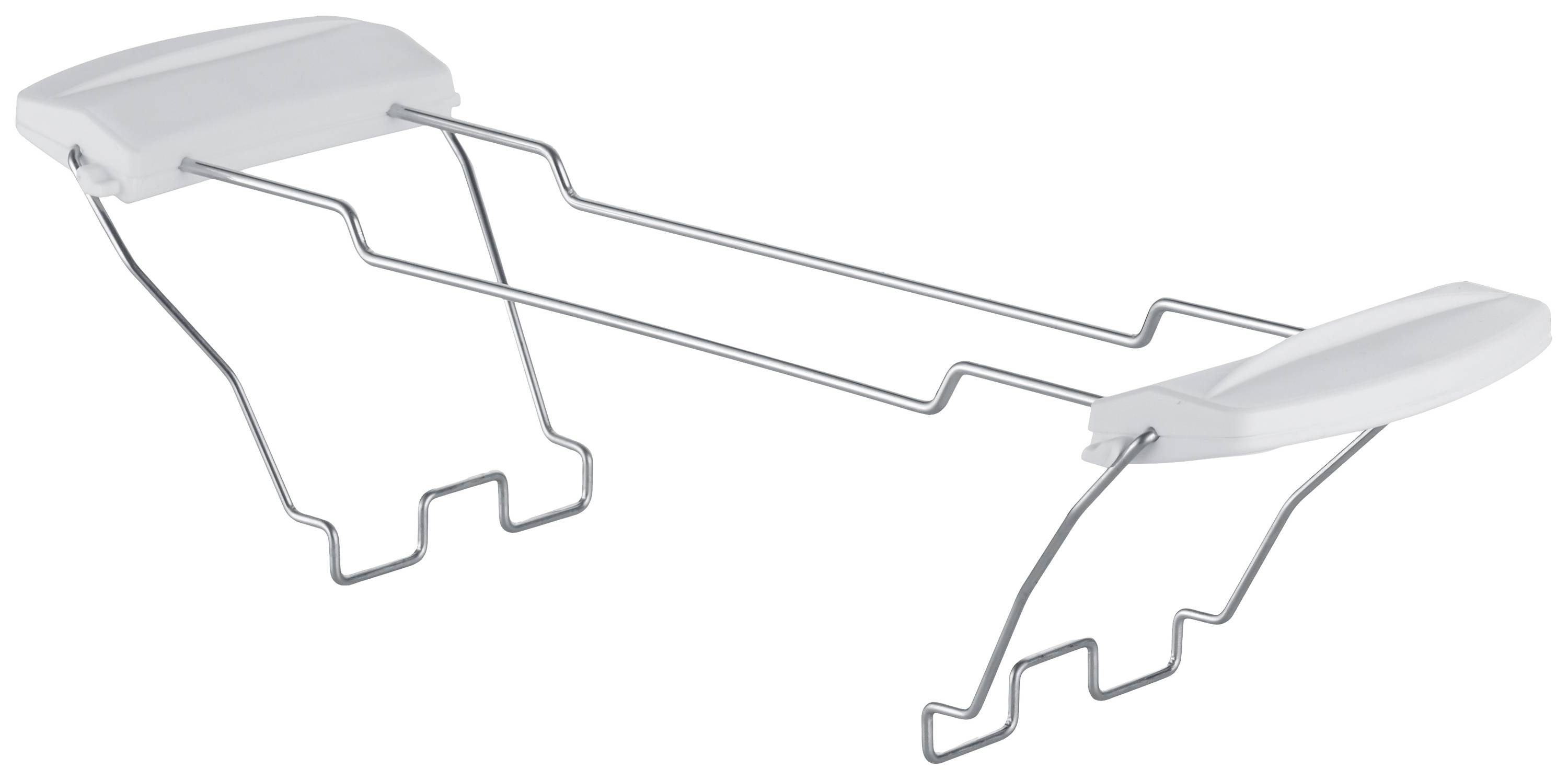 Metallischer Topfhalter mit zwei Kunststoffgriffen an den Enden, geformt zum Aufsetzen auf Töpfe für sicheren Halt und Schutz.