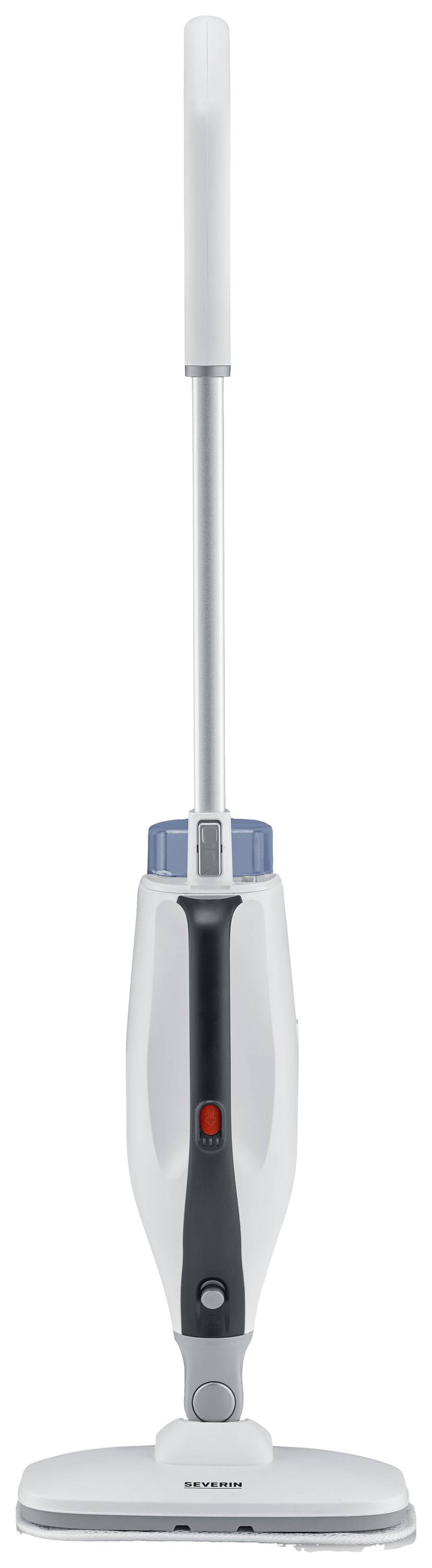 Ein weißer elektrischer Dampfreiniger mit langem Griff und rechteckigem Kopf steht aufrecht.