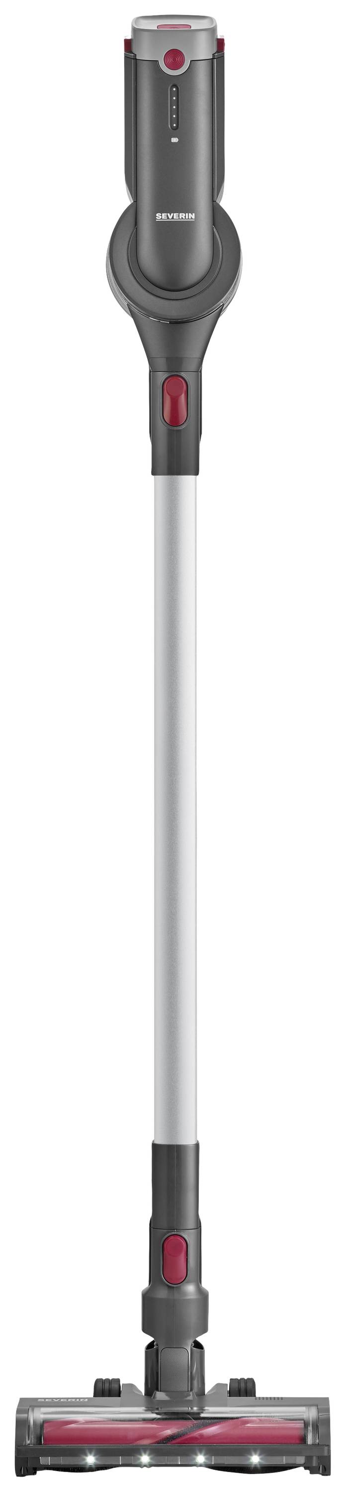 Schnurloser Stabstaubsauger in grau mit roten Akzenten und LED-Leuchten an der Düse. Hochformat.