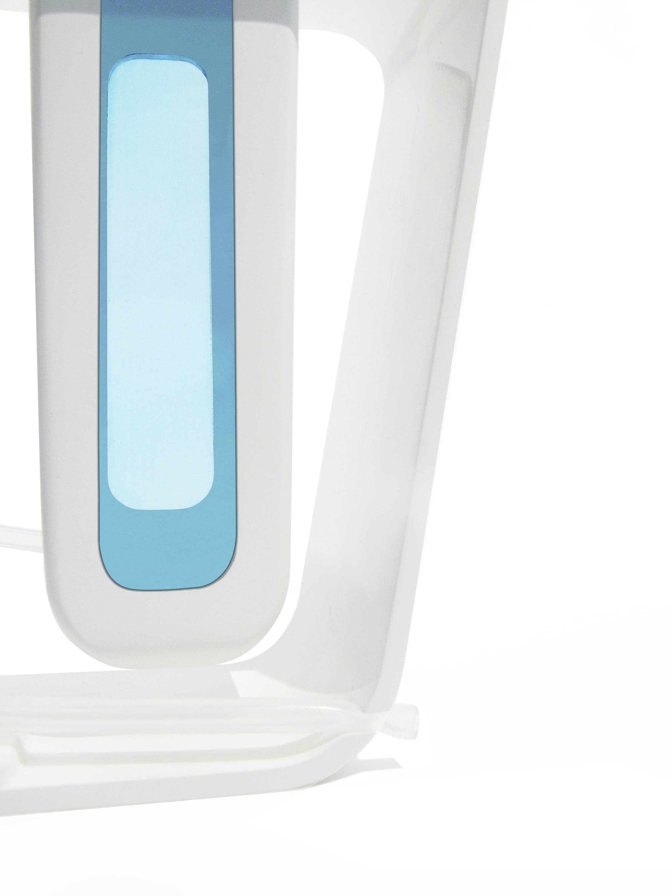 Detailaufnahme eines modernen, weiß-blauen Plastikgeräts mit klaren Linien und minimalistischen Design. Unklarer Verwendungszweck.