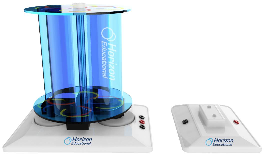 Ein Mini-Windkraftgenerator aus transparentem blauen Material auf einer weißen Basis. Daneben eine separate Schaltbox.