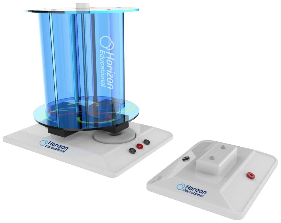 Brennstoffzellen-Kit mit blauen Zylindern und Anschlussklemmen auf weißer Basis. Horizon Educational-Logo auf Gerät.