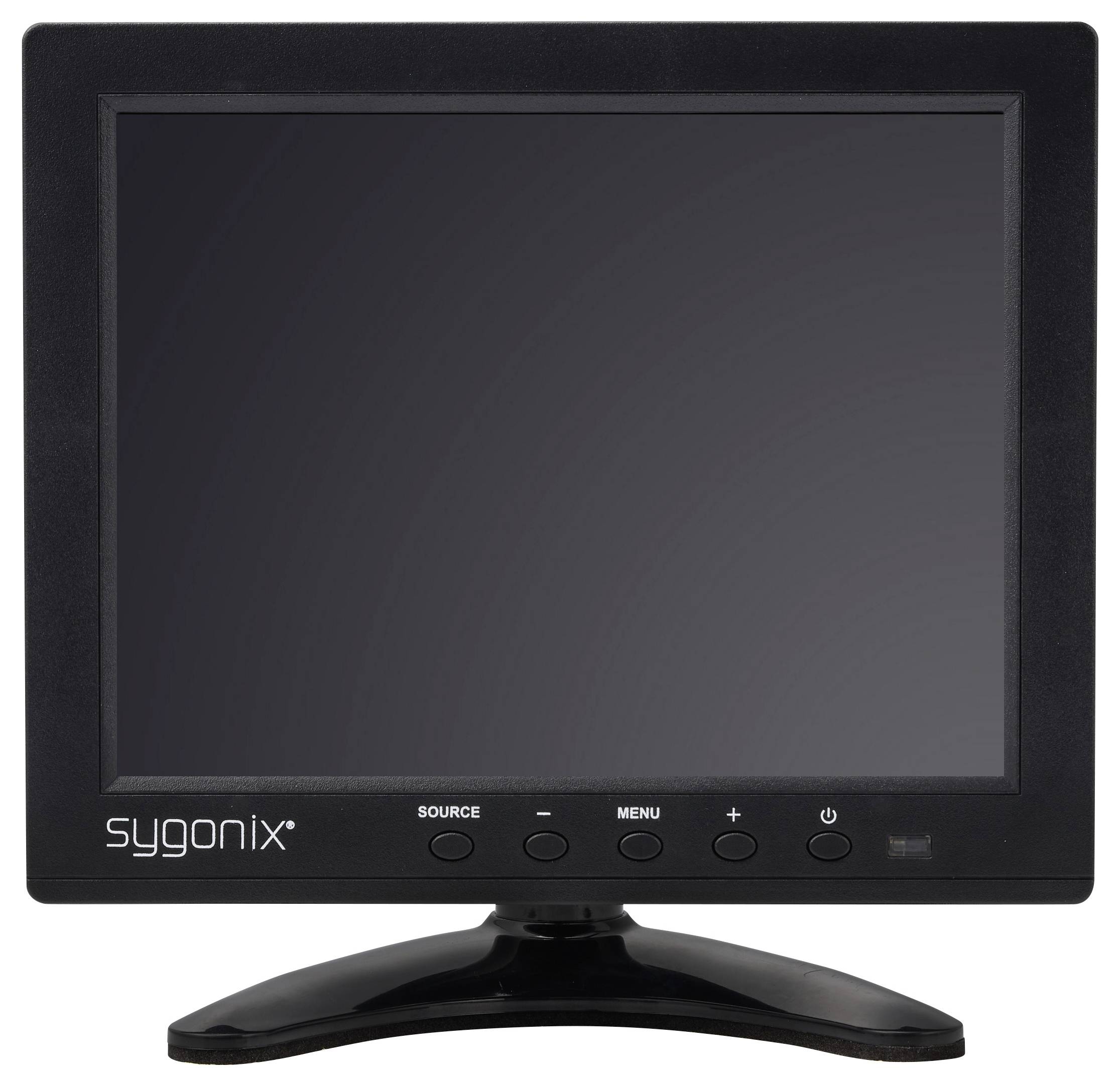 Schwarzer Sygionix-Computermonitor auf einem Ständer mit leerem Bildschirm und Frontknöpfen mit den Beschriftungen Quelle, Menü, Plus und Stromversorgung.